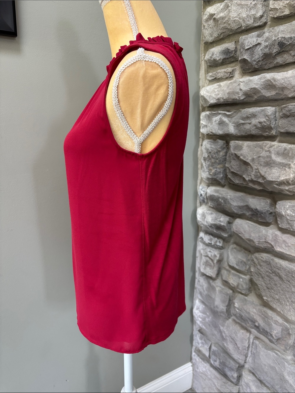Sleeveless Ruffle Neck Shell Top - Red, XSP - Picture 3 of 5